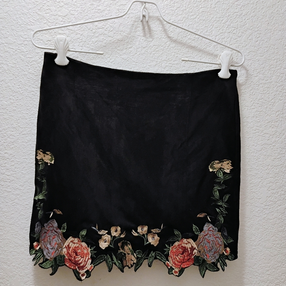 Floral Embroidered Black Skirt